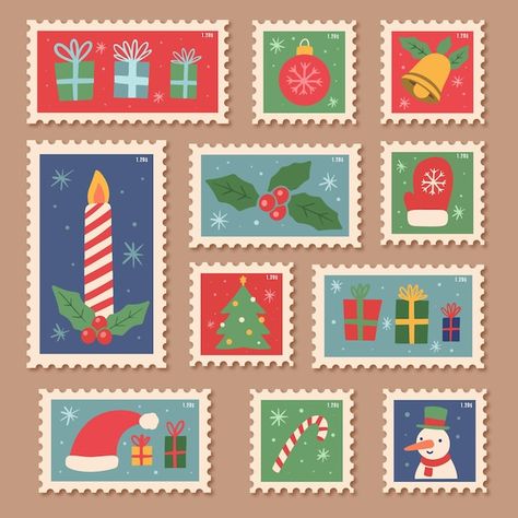 Christmas Stamps Illustration, Christmas Letters Aesthetic, Christmas Stamp Illustration, Christmas Elements Illustration, Christmas Card Illustration, Christmas Graphic Design, Hand Drawn Christmas, Christmas Elements, Christmas Card Art