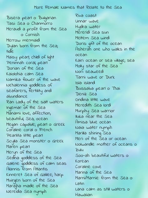 Names For Merman, Ocean Names Aesthetic, Names Meaning Sea Or Ocean, Ocean Last Names, Ocean Username Ideas, Fantasy Ocean Names, Names That Mean Sea, Ocean Themed Names, Water Themed Names