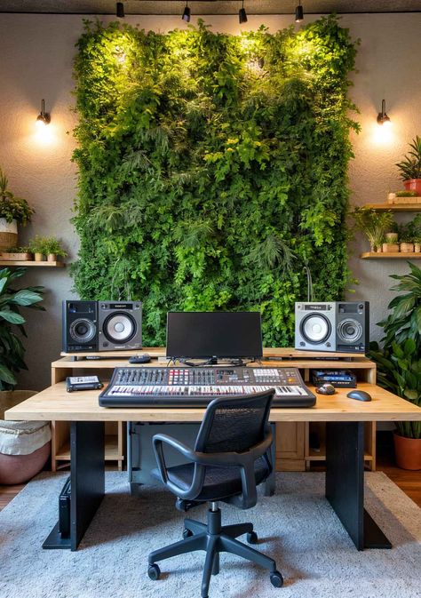 This studio blends cutting-edge technology with a lush, natural aesthetic. The vibrant green wall filled with live plants creates a serene atmosphere, encouraging relaxation and creativity. The wooden desk and warm lighting further enhance the earthy ambiance. This studio is ideal for artists looking for a calm and refreshing workspace. Recording Studio Lighting Ideas, Aesthetic Home Music Studio, Guitar Studio Aesthetic, Closet Music Studio, Home Music Studio Desk, Studio Music Room Design, Small Music Studio Ideas, Home Music Studio Design, Office Studio Ideas