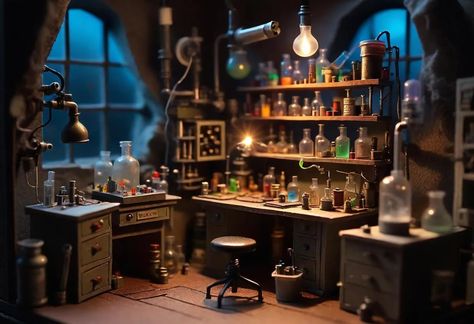 Mad Scientist Lab - Miniature Roombox - AI Generated Artwork - NightCafe Creator Miniature Chemistry Lab, Mad Scientist Halloween, Mad Scientist Lab, Scientist Lab, Crazy Scientist, Lab Ideas, Science Room, Chemistry Lab, Chemistry Labs