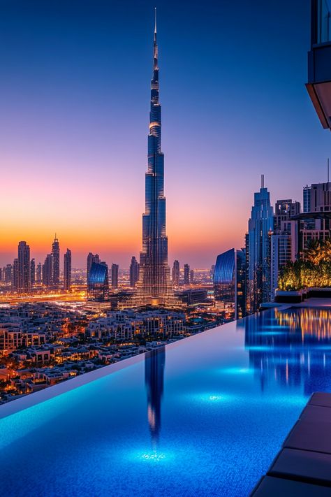 A luxury hotel room balcony with a panoramic view of the Burj Khalifa towering over the Dubai skyline. Dubai Travel Aesthetic, Travel Aesthetic Dubai, Pictures Of Dubai, Create Wallpaper, Dubai Buildings, Dubai Burj Khalifa, Paramount Hotel, Unique Vacation Rentals, The Burj Khalifa