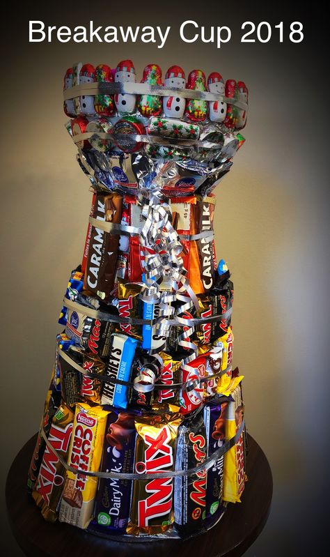 Chocolate Bar Stanley Cup Candy Stanley Cup, Hockey Candy Ideas, Candy Trophy Ideas, Hockey Treats, Hockey Fundraiser, Hockey Basket, Stanley Cup Gift, Stanley Cup Hockey, Hockey Cup