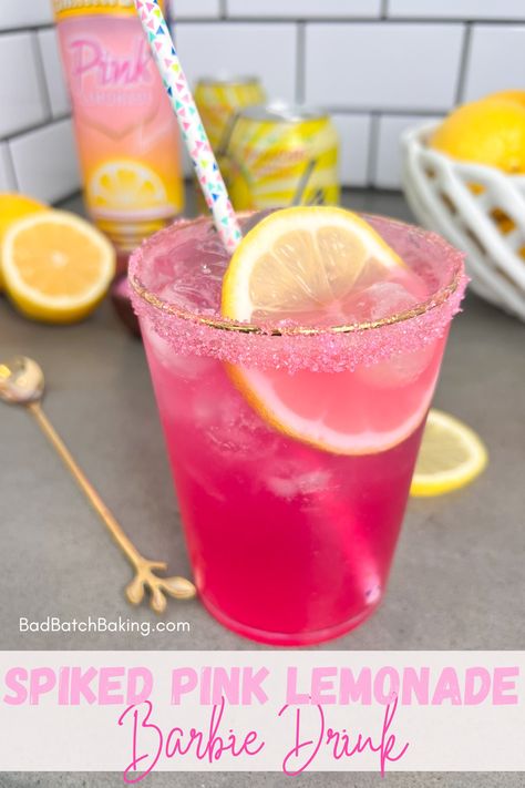 Spiked Pink Lemonade Barbie Drink - Bad Batch Baking - Restaurant Copycat Recipes & Family Favorites Pink Lemonade Shots, Barbie Pink Lemonade, Pink Colored Drinks, Smirnoff Pink Lemonade Recipes, Y2k Party Drinks, Barbie Party Drinks, Pink Birthday Drinks, Pink Batch Cocktail, Barbie Themed Drinks