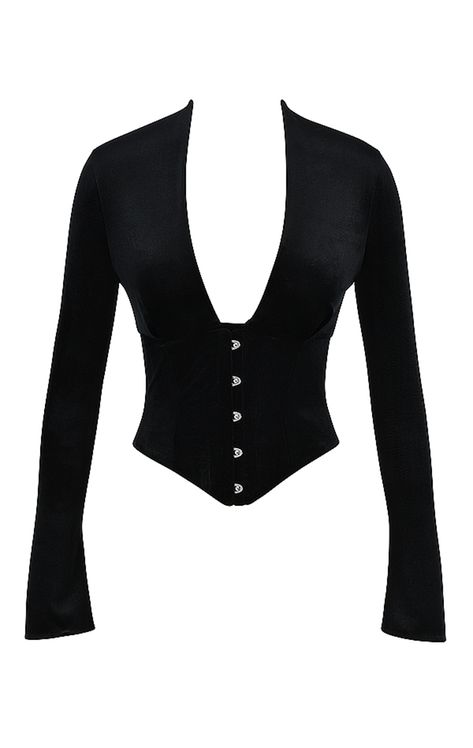 Clothing : Tops : 'Leonora' Black Velvet Corset Velvet Corset Top, Long Sleeve Corset Top, Corset Top Outfit, Low Cut Shirt, Velvet Corset, Black Corset Top, House Of Cb, Stretch Velvet