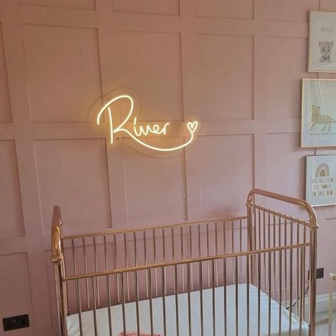 Neon Signs Nursery, Nursery With Neon Sign, Neon Sign In Nursery, Neon Nursery Sign, Led Name Sign Bedroom, Neon Name Sign Nursery, Cute Neon Signs For Room, Light Signs For Bedroom, Neon Name Sign Bedroom