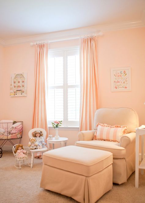 Soft Peachy Pink Striped Baby Girl Nursery! Girl Bedrooms, Peach Rooms, Peach Nursery, Nursery Paint Colors, Girls Room Paint, Girls Room Colors, Baby Room Colors, Popular Paint Colors