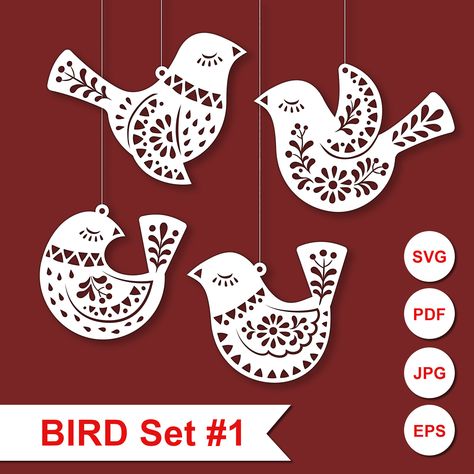 Bird Patterns And Templates, Scandinavian Christmas Ornaments, Wood Laser Ideas, Bird Template, Folk Art Decor, Doodle Paint, Easter Ornaments, Tin Ornaments, Laser Cut Wood Crafts