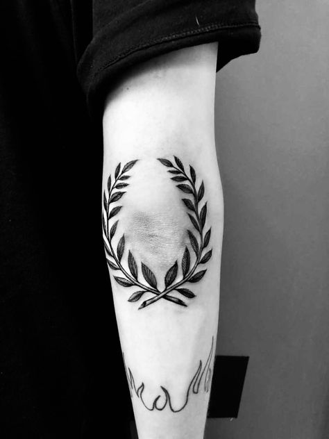 Greek Elbow Tattoo, Elbow Wreath Tattoo, Elbow Tattoo Men Back Of, Laurel Tattoo Men, Laurels Tattoo, Around The Elbow Tattoo, Greek Leaves Tattoo, Elbow Tattoo Ideas, Laurel Tattoo