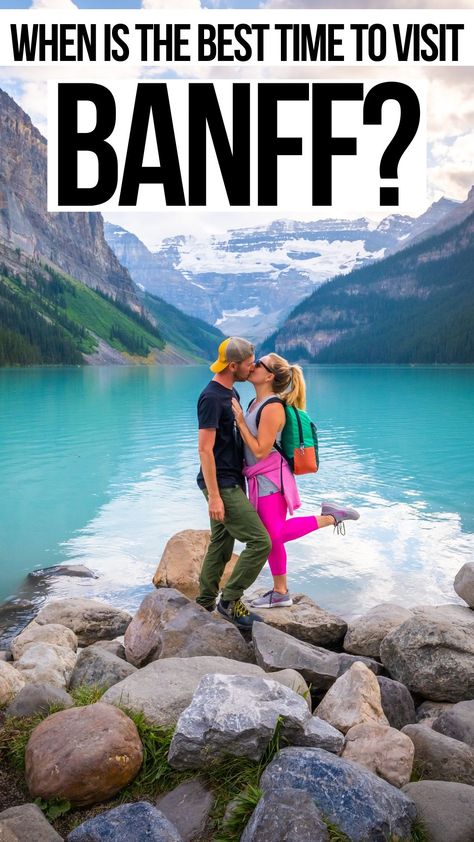 When is the best time to visit Banff National Park in Alberta, Canada? We answer the best time to see the beautiful Canadian Rockies and the majestic mountains. Including the best time to visit Lake Louise, Lake Moraine, Peyto Lake and more! #Banff #Canada #Alberta #NationalPark #Jasper #Travel Best Time To Go To Banff National Park, Lake Alberta Canada, Banf National Park, Canadian Vacation Ideas, Best Time To Visit Canada, Banff And Jasper National Park, Banff National Park Wedding, Lake Moraine Canada, Best Time To Visit Banff