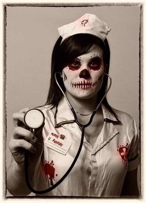 Hospital Halloween Costumes, Scary Nurse Makeup, Halloween Nurse Makeup, Makeup Costume Ideas, Horror Hospital, Nurse Makeup, Pale Foundation, Zombie Nurse, Costume Ideas For Halloween