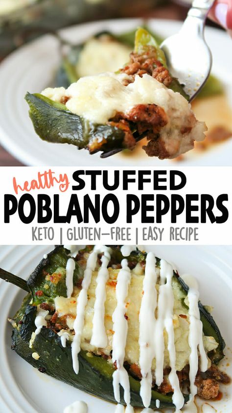 Easy Chiles Rellenos {Baked Poblano Peppers w/Turkey Taco Meat} Poblano Peppers Stuffed, Stuffed Chili Relleno Recipe, Poblano Recipes, Chile Relleno Recipe, Poblano Peppers Recipes, Roasted Poblano Peppers, Chili Relleno, Roasted Poblano, Turkey Taco