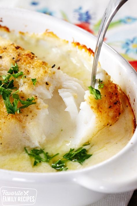 This baked cod is hands-down my favorite fish dish. It turns out perfectly flaky every time. The flavorful, creamy sauce puts it over the top! #cod #bakedcod #fish #bakedfish #howtocookfish #broiledfish #fishdish #fishdinner #whitefish #cookedfish #dinner Cod In Cream Sauce, Cod Fish Recipes Baked, Fish Dishes Recipes, Baked Mahi Mahi, Breaded Cod, Cod Fish Recipes, Fish Recipes Baked, Halibut Recipes, Fish Dinner Recipes