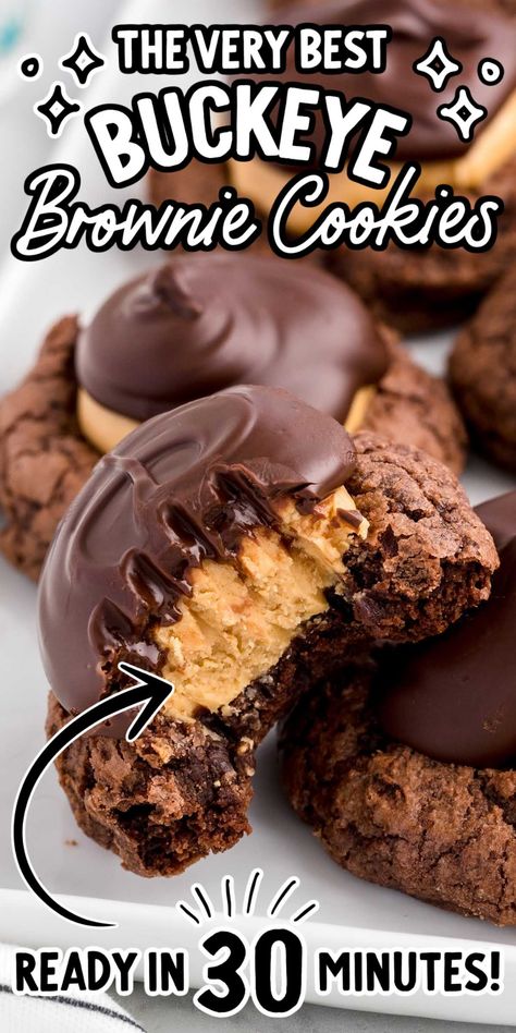 Buckeye Recipe Easy, Buckeye Brownie Cookies, Buckeye Cookies, Buckeye Brownies, Peanut Butter Buckeyes, Buckeyes Recipe, Hot Chocolate Cookies, Double Chocolate Chip Cookies, Chocolate And Peanut Butter