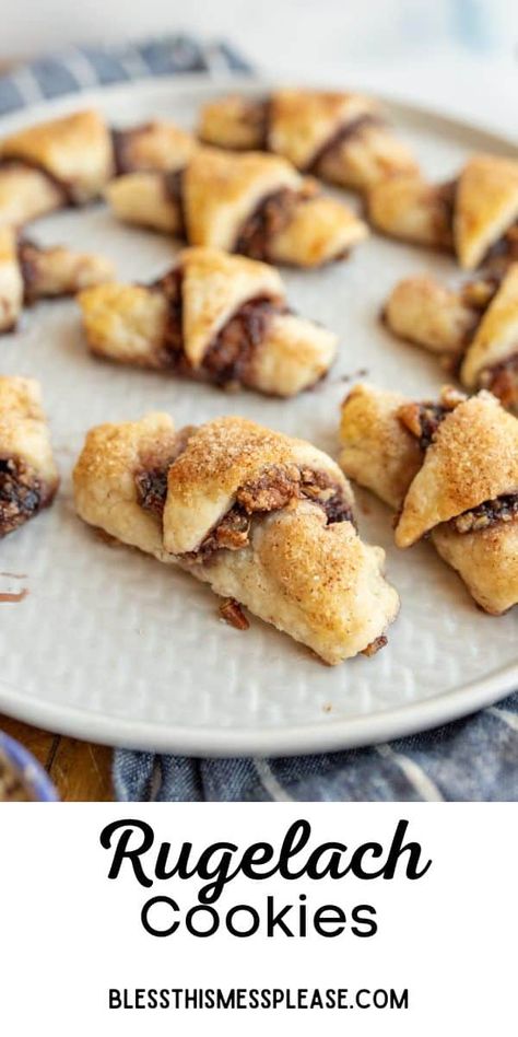 Rugelach is a cookies made with a tender pastry dough made with cream cheese and then spread with jam, nuts, and cinnamon and then rolled into a crescent and baked. They are sweet, tender, and the dough reminds me of a really good pie crust. Crescent Roll Cookies, Rugelach Cookies, Rugelach Recipe, Pie Crust Cookies, Crescent Cookies, Store Bought Pie Crust, Nut Rolls, Sweet Foods, Croissant Recipe