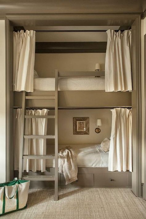 Lit by Vendome Single Sconces, brown built-in bunk beds boast storage drawers, a brown ladder, and linen privacy curtains. Palmer Weiss, Bunk Room Ideas, Bunk Bed Room, Bunk Bed Rooms, Custom Bunk Beds, Kids Rooms Inspo, Bunk Beds Built In, Built In Bed, Built In Bunks