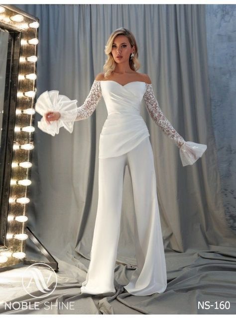 Wedding Jumpsuit With Sleeves, Bridal Pantsuit Brides Wedding Jumpsuit, White Jumpsuit Wedding Classy, Bridal Pantsuit Brides, White Bridal Jumpsuit, Ns 160, Wedding Dress Pantsuit, Georgette Jumpsuit, Modern Jumpsuit