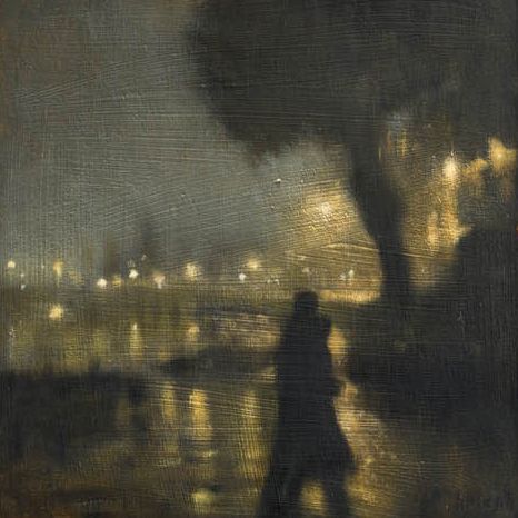 Anne Magill Anne Magill, In The Rain, The Rain, At Night, A Man, Umbrella, Oil Painting