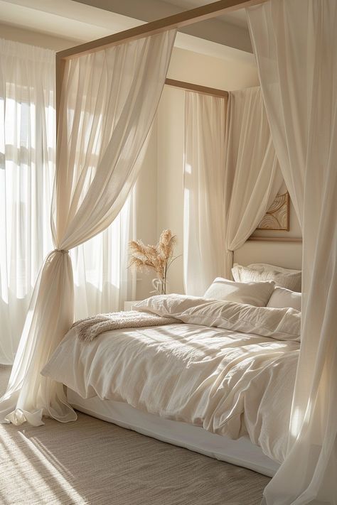 White Curtains Around Bed, Canopy Bed Aesthetic Bedroom, King Bed Canopy, Canopy Bed With Curtains, Neutral Tone Bedroom, Ethereal Bedroom, Bed With Curtains, White Canopy Bed, Ocean Bathroom Decor