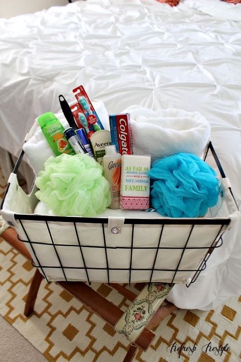 Welcome basket w/guest ready bath essentials - Guest Room Essentials - Refresh Restyle Guest Room Baskets, Guest Welcome Baskets, Guest Bathroom Essentials, Guest Basket, Guess Room, Guest Room Essentials, Welcome Basket, Welcome Baskets, Guest Bedroom Decor