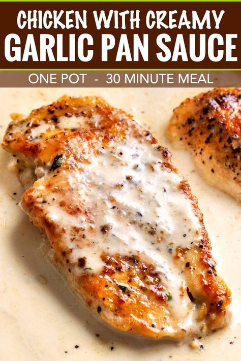 Tender chicken breasts smothered in a rich garlic cream sauce, all made in the same pan, and ready in less than 30 minutes! #easyrecipe #weeknightdinner #dinnerrecipe #chicken #garlic #creamy #onepan #onepot #skilletmeal Pan Chicken Recipes, Chicken Garlic, Creamy Garlic Chicken, Garlic Cream Sauce, Pan Sauce, Creamy Garlic Sauce, Cook Healthy, Tender Chicken Breast, Cook Chicken Breast