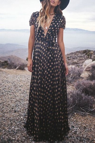 Full Star Print Short Sleeve Maxi Dress: Maxi Dresses | ZAFUL Bohemian Schick, Bohemian Chic Outfits, Stile Boho Chic, Look Boho Chic, Boho Styl, Fest Outfits, Mode Hippie, Nature Fashion, Maxi Outfits