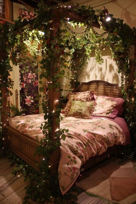 Cottage Core Canopy Bed, Faerie Bedroom, Bed Vines, Beds With Canopy, Canopy Bed Aesthetic, Vines In Bedroom, Whimsical Decor Bedroom, Whimsical Bedroom Adult, Whimsical Bedroom Decor