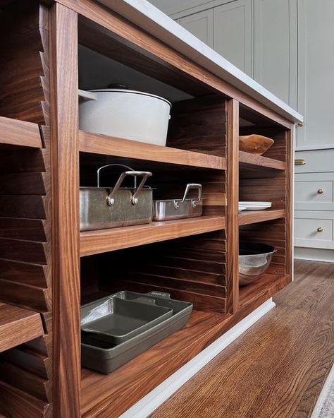 / SWELL HOUSE / on Instagram: "In the beginning stages of designing this kitchen, my client had saved a magazine clipping of Martha Stewart's kitchen. Martha has these painted notched shelves used to store pots, pans, and large kitchen items. We used this idea of an integrated notched shelf unit, but designed it in walnut and inset the piece into the island casework. This piece took my breath away at first sight and the open shelving makes the space totally functional. A shout out to @allkitch Kitchen Cubbies, Kitchen Cabinets Open, Martha Stewart Kitchen, Mcm Kitchen, Open Kitchen Shelves, Wood Kitchen Cabinets, Cabinet Ideas, Pots Pans, Kitchen Units