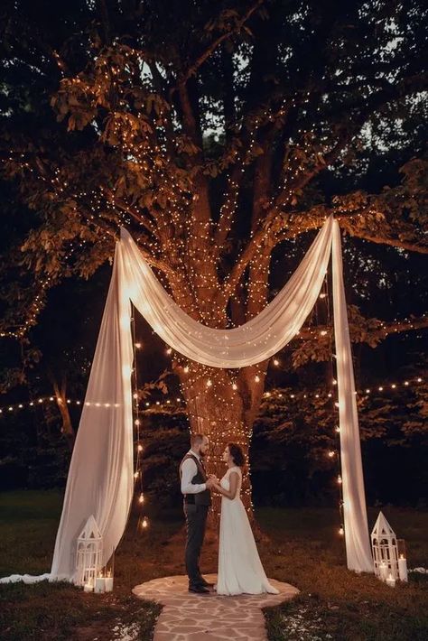 35+ Easy DIY Wedding Backdrops on a Budget - HubPages Chandelier Tree Wedding, Wedding Ceremony Backdrop Outdoor, Backyard Wedding Ceremony, Small Backyard Wedding, Forest Theme Wedding, Enchanted Forest Wedding, Yard Wedding, Wedding Ceremony Backdrop, Outdoor Wedding Decorations