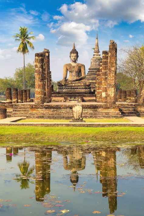 Wat Mahathat Temple In Sukhothai Historical Park,  Free Stock Photo and Image 211252330 Wat Mahathat, Outline Pictures, Historical Sculptures, Pond Landscaping, Park Photos, Buddhist Temple, Creative Images, Instagram Ads, Photo Illustration