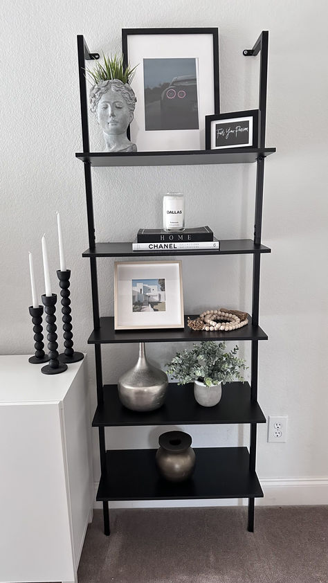 Nathan James Theo 5-Shelf Black Modern Bookcase, Open Wall Mount Ladder Bookshelf with Industrial Metal Frame James Theo, Boho Living Room Decor Ideas, Grey Tv Unit, Nathan James, Apartment Vibes, Ladder Bookshelf, Corner Bookshelves, Lash Salon, Boho Living Room Decor