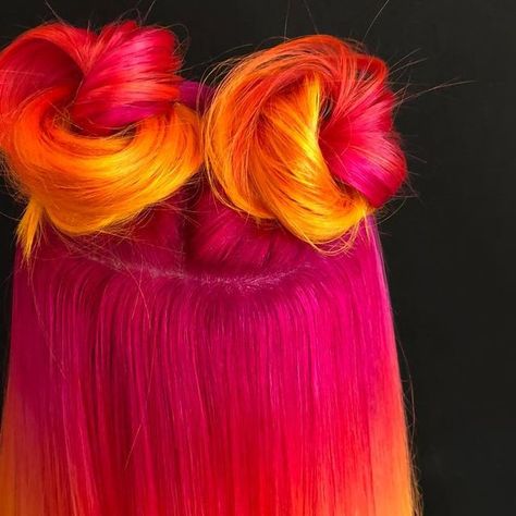 Cyrell Cook on Instagram: "Tequila sunrise. @lindseyannajones @hairbylovesalon  #pinkhair #yellowhair #bob #lob #behindthechair #spacebuns #hairbylove #hairbylovesalon" Pink And Yellow Hair, Sunrise Hair, Colourful Hair, Space Buns, Tequila Sunrise, Bob Hair, Yellow Hair, Pink And Yellow, Pink Hair