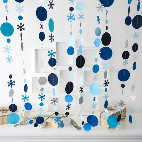 Snowflake Backdrop, Mantel Decor Christmas, Classroom Christmas Decorations, Christmas Mantel Decor, Winter Wonderland Decorations, Winter Garland, Blue Christmas Decor, Snowflake Garland, Christmas Backdrop