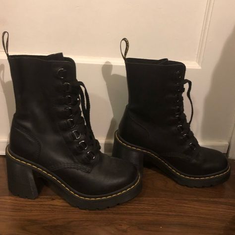 Dr Martens Chesney Leather Flared Heel Boot Doc Marten Heels, Dr Martens Chesney, Dr Martens High Heels, Doc Martens Heels, Glad Rags, Heel Boot, Black Heel Boots, Dr Martens Shoes, Martens Shoes