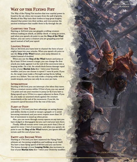 The jumping attack is a classic staple of fictional martial artists. In light of that, we have a new monk subclass that focuses on those aerial wuxia leaps and the strong leaping strikes that go with them!  D&D Unleashed is free and fanmade. See more (including the full article for this subclass) at dndunleashed.com, or follow @EvilBenevolent on twitter for the newest updates and answers to questions. You can also find this subclass in the homebrew section on D&D Beyond! #dnd #dnd5e #dndhomebrew Dnd 5e Monk, Monk Dnd, D D Classes, Dungeon Master's Guide, Dnd Classes, Dungeons And Dragons Classes, Dnd 5e Homebrew, Dnd Dragons, Dnd Stuff