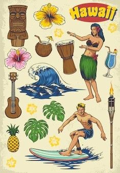 Hawaiian Tiki Art, Hawaii Aesthetic Drawing, Hawaii Illustration Hawaiian Art, Hawaii Doodles, Hawaii Cartoon, Surfing Drawing, Hawaii Drawing, Summer Drawing Ideas, Hawaii Illustration