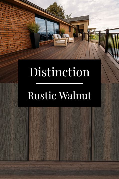 Rustic Walnut deck boards feature dark chocolate and light creamy brown shades that capture the unrefined essence of a walnut tree. Deck Stain Red Brick House, Dark Brown Stained Deck, Dark Brown Deck Stain, Dark Walnut Deck Stain, Composite Deck Ideas Red Brick House, Deck Color Schemes Outdoor, Brown Painted Deck, Dark Stained Porch, Deck Wood Stain Colors