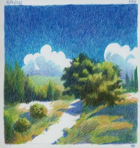 Illustration Art Colored Pencil, Color Pencil Watercolor, Painting With Colour Pencil, Acrylic Paint And Colored Pencil, Landscape Sketch Color Pencil, Colour Pencil Drawing Reference, Acrylic And Colored Pencil, Colored Pencil Buildings, Impressionism Colored Pencil