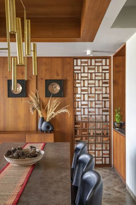 A Narrative Of An Intricate Balance Between Aesthetics And Functionality | Studio Yamini - The Architects Diary Architect Diary, Kitchen Partition Ideas, Dining Partition, Indian Bedroom Design, Indian Bedroom, Modern Sofa Designs, The Penthouse, Cosy Spaces, College Design