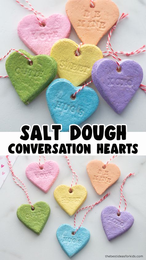 Kids Easy Valentines Day Crafts, Easy Valentine Day Crafts, Salt Dough Conversation Hearts, Hand Made Valentines For Kids, Valentines For Grandparents From Kids, Salt Dough Hearts For Kids, Craft Ideas For Kids Valentines Day Fun, Valentine Crafts For Parents From Kids, Diy Valentines Gifts From Kids