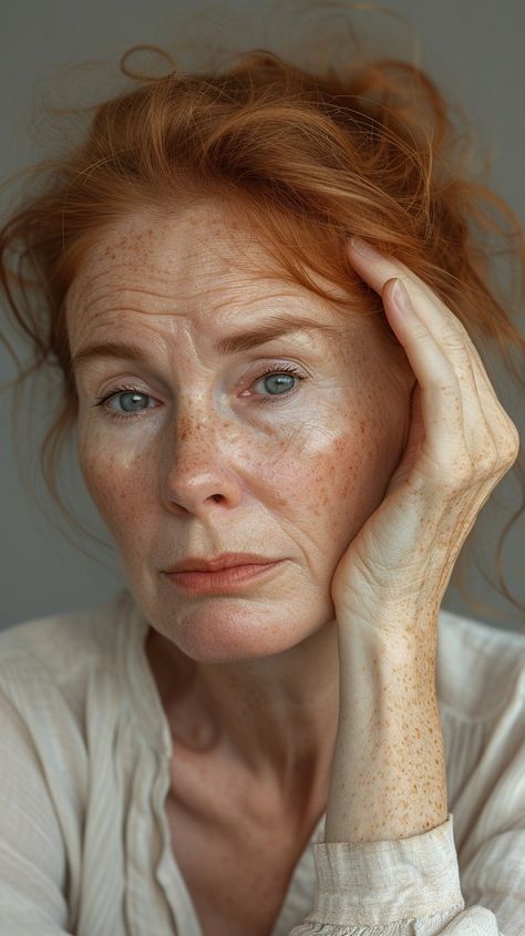 Pensive Freckled Woman: A thoughtful woman with striking red hair and freckles appears contemplative in a serene setting. #woman #freckles #redhair #thoughtful #introspection #portrait #natural #serene #aiart #aiphoto #stockcake https://ayr.app/l/fDP6 Old Red Head Woman, Ugly Red Head, Interesting Faces Woman, Natural Ginger Hair, Red Hair Pale Skin, Red Hair And Freckles, Older Woman Portrait, Red Hair Freckles, Women With Freckles