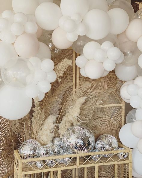 Disco Ball Bachelorette, Pearls And Disco Balls, Disco Ball Bridal Shower Ideas, Boho Disco Decor, Desert Disco Party, Boho Disco Ball Wedding Decor, Boho Disco Party, Beach Disco, Disco Balls Bachelorette Party