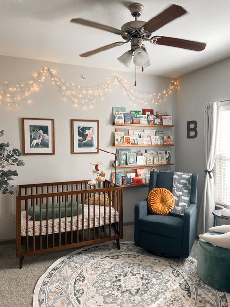 Nursery Book Theme, Book Themed Nursery Vintage, Books In Nursery Bookshelves, Story Nursery Theme, Books Nursery Theme, Anthropology Inspired Nursery, Den Nursery Ideas, Literature Themed Nursery, Books In Nursery Ideas