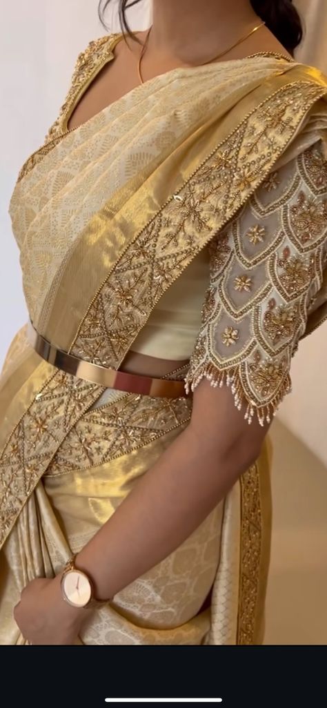 Gold Blouse Designs Latest, Golden Saree Blouse Designs, Golden Blouse Designs, Designer Blouse Ideas, White Blouse Designs, Gold Blouse Designs, Lehenga Saree Design, Blouse Ideas, Latest Model Blouse Designs