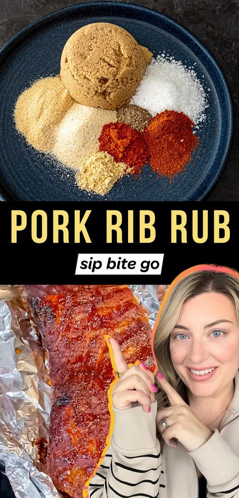 Spice Blend for Homemade Pork Rib Rub Recipe with smoking ribs on the Traeger and Sip Bite Go logo with text overlay Sweet Rub Recipe, Pork Rib Rub Recipe, Pulled Pork Rub Recipe, Pork Rib Dry Rub, Bbq Pork Rub, Easy Pork Ribs, Pork Dry Rub, Rub For Pork Ribs, Pork Rub Recipe