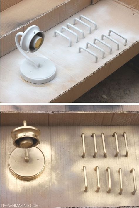 Painting Cabinet Hardware, Spray Paint Cabinet Hardware, Paint Cabinet Hardware, Cabinet Pulls Diy, Painting Metal Cabinets, Best Gold Spray Paint, Spray Paint Cabinets, Brass Spray Paint, Paint Door Knobs