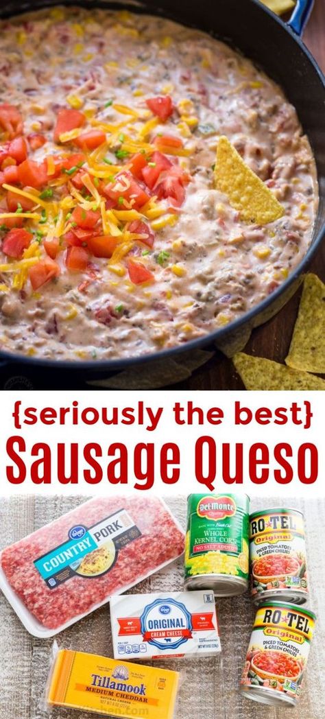 Rotel Queso Dip, Rotel Queso, Sausage Queso Dip, Sausage Queso, Queso Dip Recipe, Corn And Tomato, Queso Dip Recipes, Sausage Recipe, Queso Dip