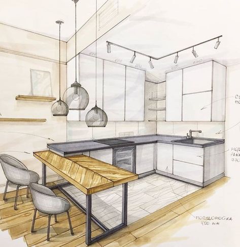 Interior Architecture Sketch, Interior Design Sketchbook, Furniture Design Sketches, Kitchen Drawing, Interior Design Student, Architecture Drawing Plan, Perspective Drawing Architecture, Interior Design Renderings, Interior Architecture Drawing