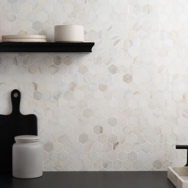 Shower Wall Tiles | TileBar.com Marble Hexagon Tile Bathroom, White Hexagon Tile Bathroom, Luxurious Kitchen Design, Hexagon Tile Bathroom, Hexagon Tile Backsplash, Hexagon Marble Tile, White Hexagon Tiles, Hexagon Backsplash, White Kitchen Backsplash