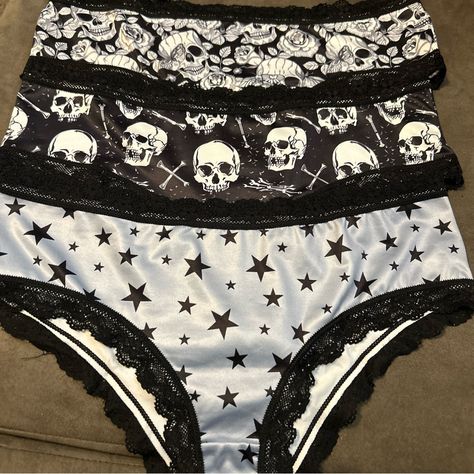 Questions? Leave A Comment Below! New Morvia 3pk Lace Trim Cheeky Goth Emo Panties Choose Skull/Floral Skull/Stars Lingerie Reasonable Offers Will Be Considered Emo Things To Buy, Gothic Sleepwear, Cute Undergarment Sets, Skull Swimsuit, Emo Wardrobe, Cute Goth Clothes, Emo Swimwear, Skull Clothes, Goth Pjs