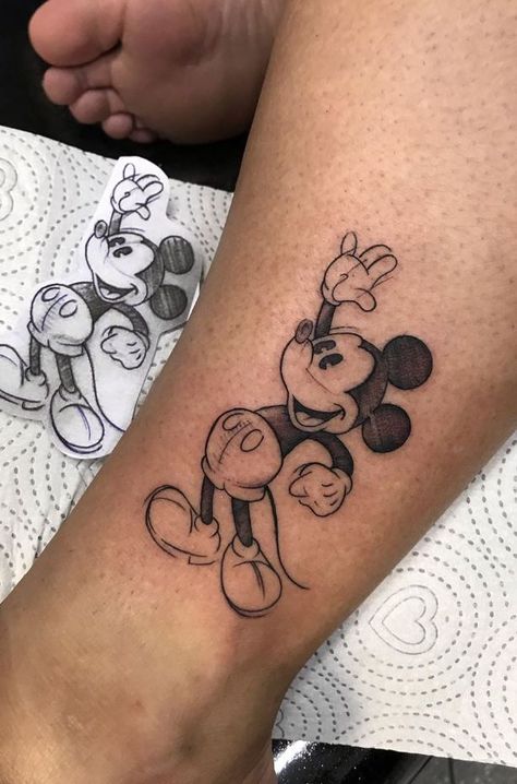 Tattoo Ideas For Men Disney, Nicky Mouse Tattoo, Classic Mickey Mouse Tattoo, Mikey Mouse Tattoo, Mickey Mouse Tattoo For Men, Miky Mouse Tattoo, Mickey Tattoo Ideas, Mickey Minnie Tattoo, Mickey Mouse Tattoo Design